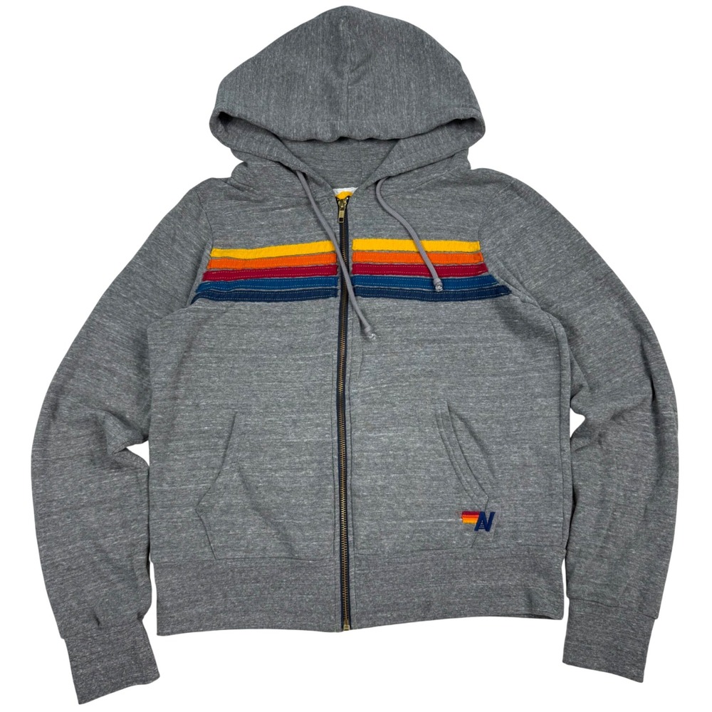 Aviator Nation 5 Stripe Zip Up Hoodie Heather Grey Rainbow Small Made in USA